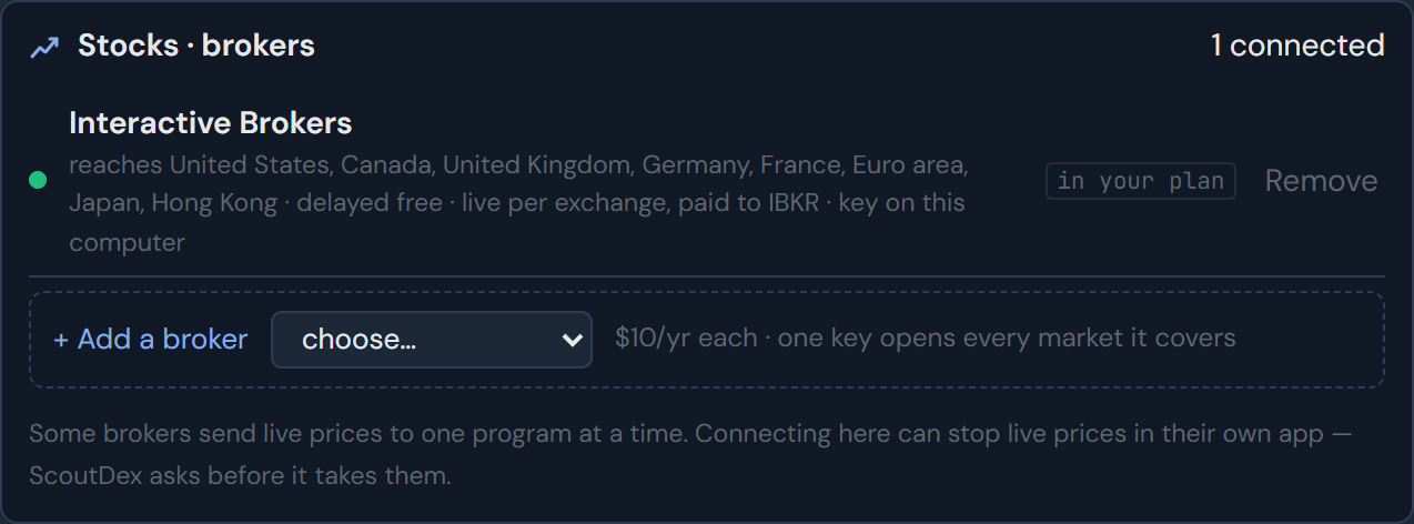 Stocks and brokers in Settings, Connections: one broker connected and an Add a broker slot
