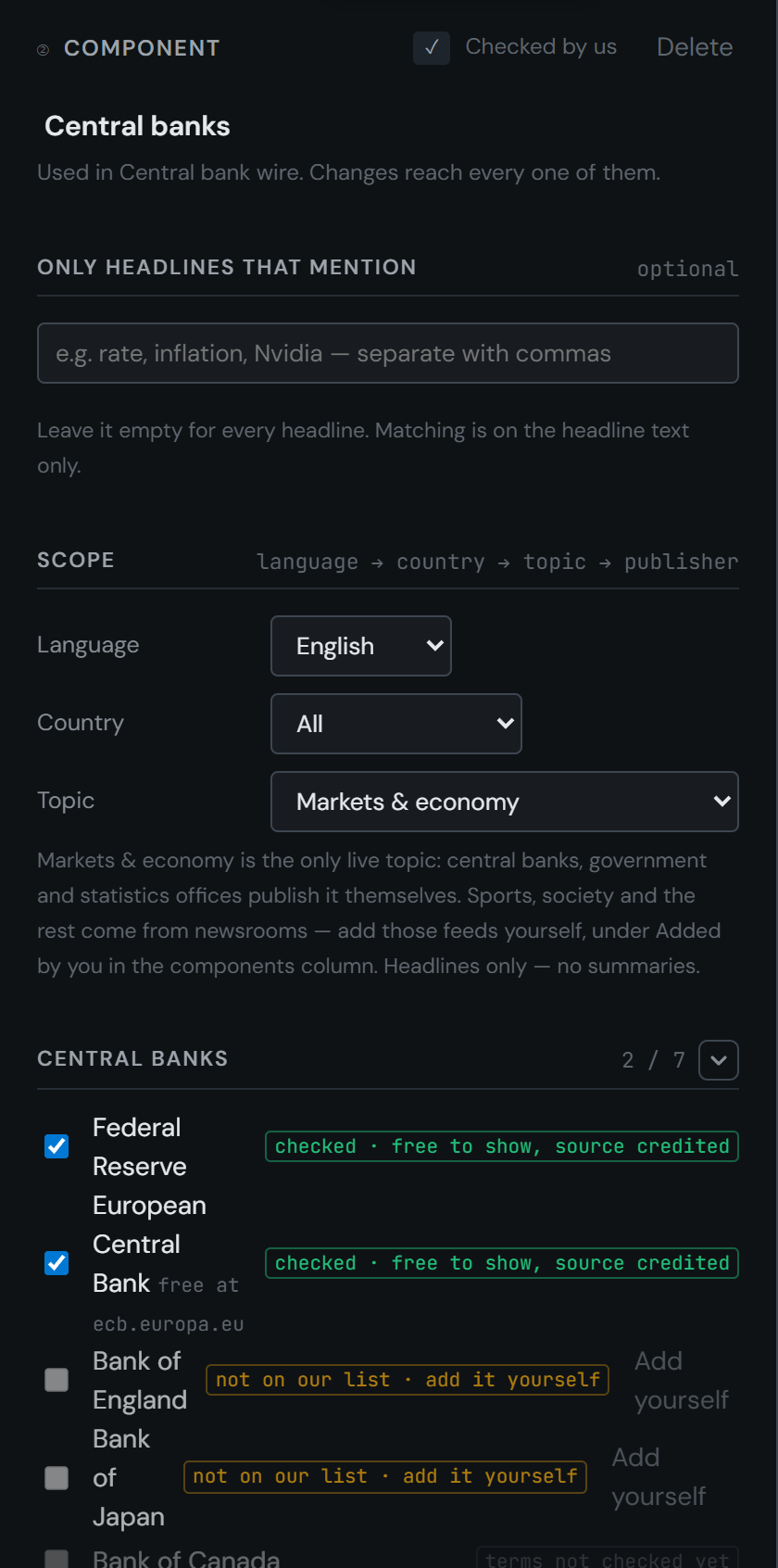 A news component: keyword filter, then language, country and topic